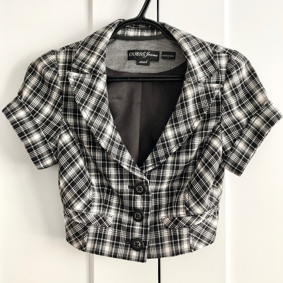 Guess, Cropped Blazer, Black & White, Plaid, Cropped Top, Button Up, Size Small - Picture 1 of 9